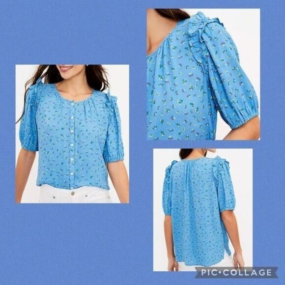 LOFT Floral Puff Sleeve Blouse | Large - Picture 3 of 8